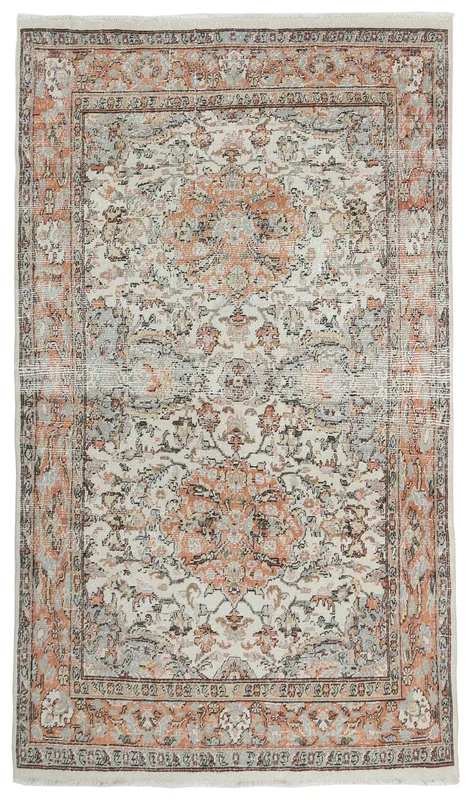 Cream Orange Floral Anatolian Rug, full top view showing faded floral and medallion patterns.