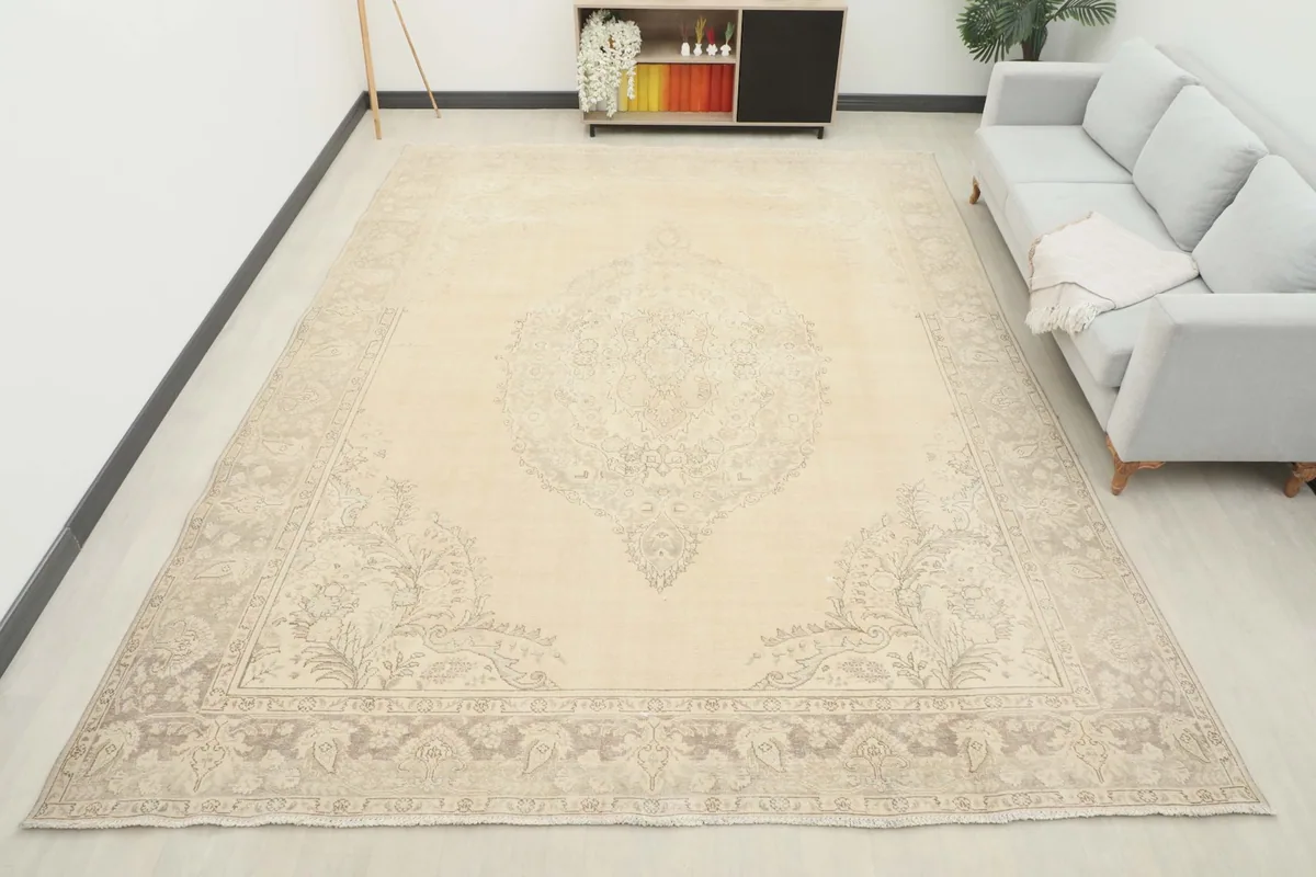 The ivory area rug laid out in a room setting with a sofa and cabinet, showcasing its scale.