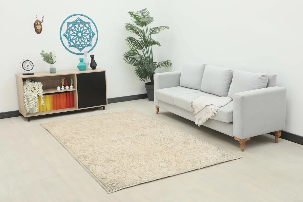 Angle view of the beige vintage rug in a living space, complementing a light gray sofa and plant