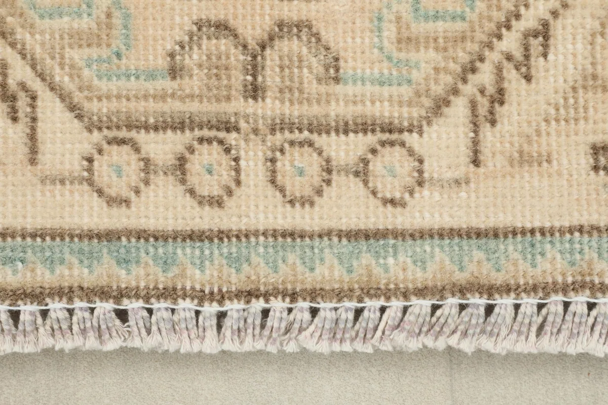 Close-up of the rug's fringe and the distinct border pattern with blue and tan accents