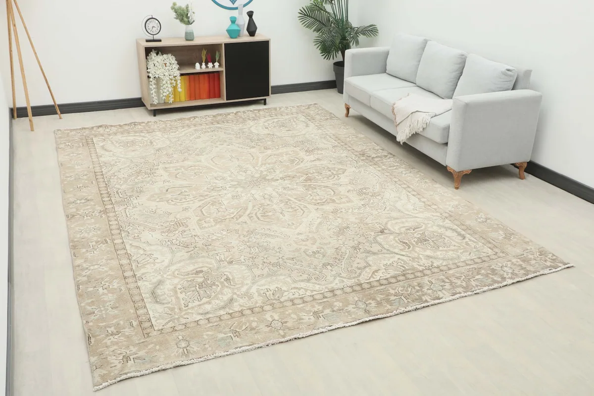 Angle view of the rug in a room, highlighting its large scale and how it complements modern decor.