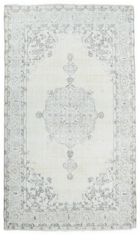 Full top view of the 6'10" x 10'0" cream and charcoal vintage Anatolian area rug