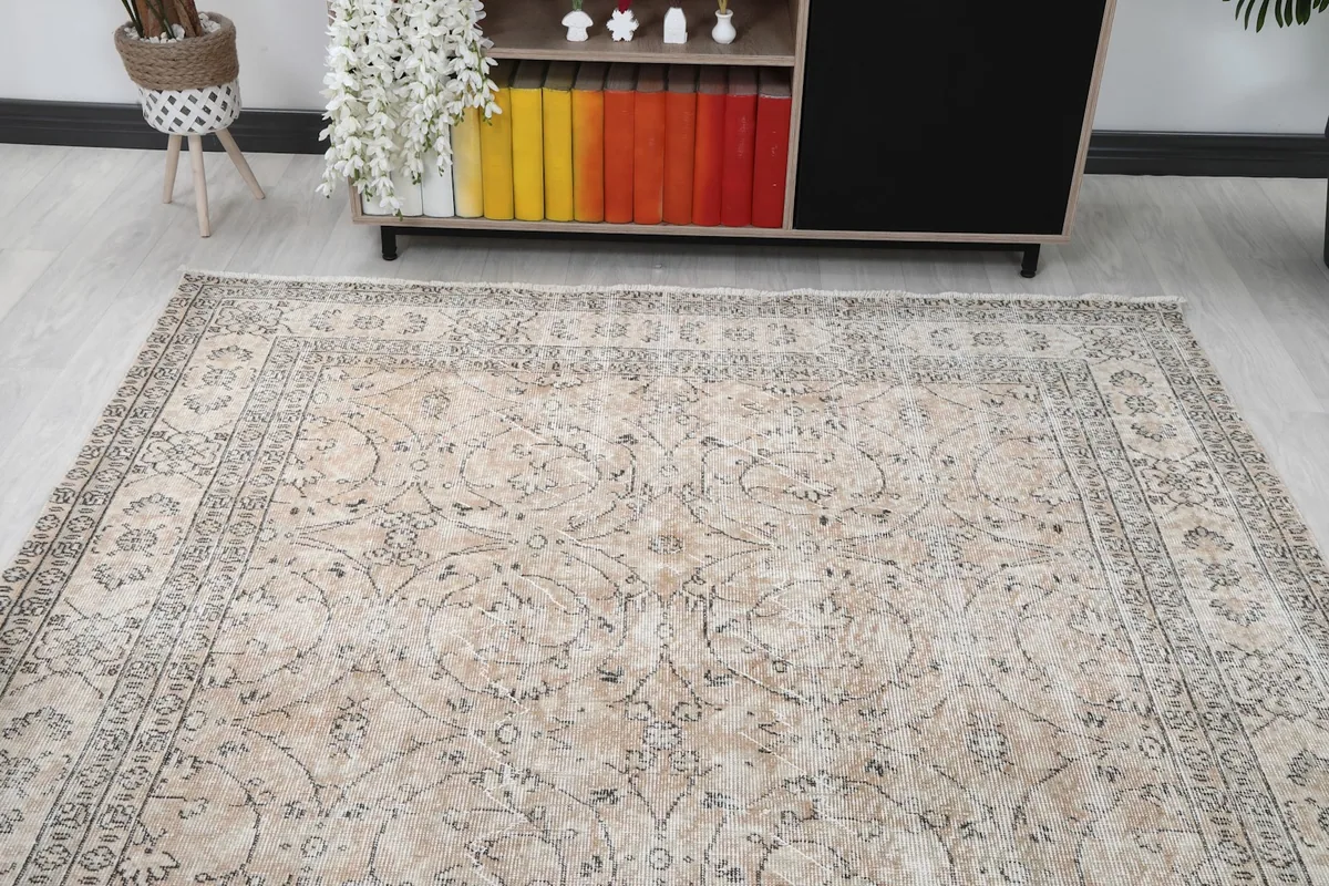 View of the vintage rug from one end, showing its placement in a room