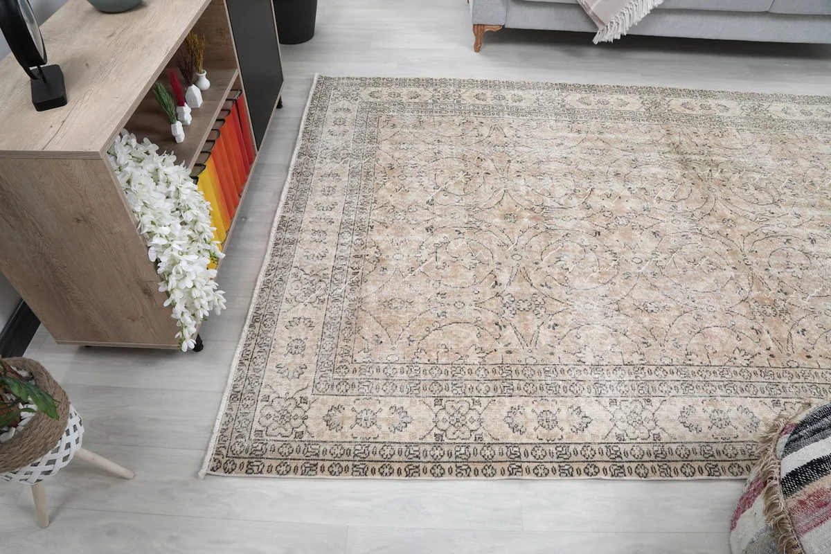 Overhead angle of the rug in a room, capturing its full length and width