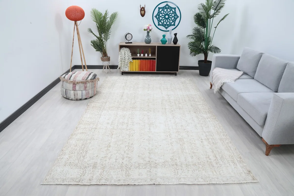 Large beige vintage area rug showcased in a modern living room setting.