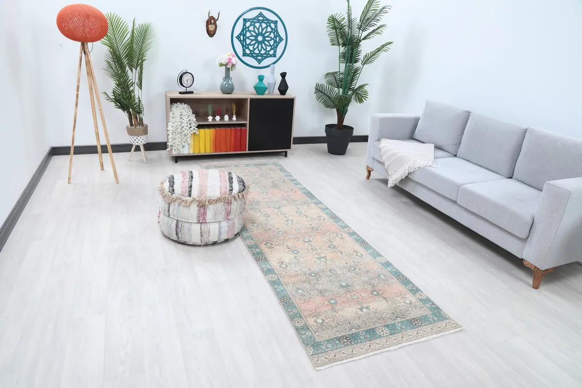Anatolian runner rug in a room setting, providing a wider perspective of its placement.