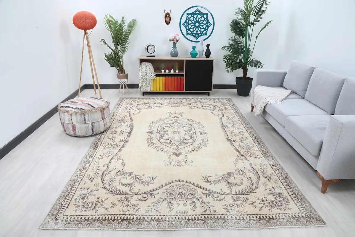 Vintage beige and gray area rug laid out in a modern living room setting