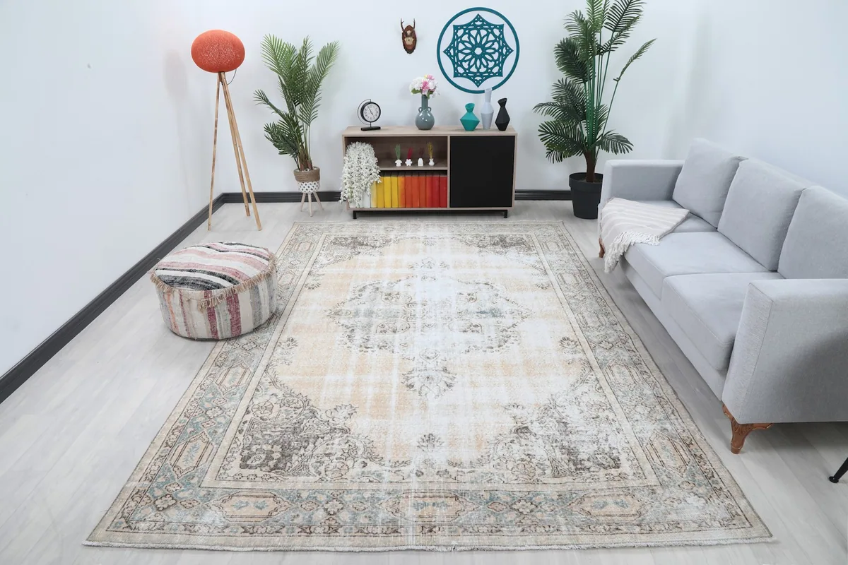 Vintage beige and gray area rug displayed in a modern living room setting