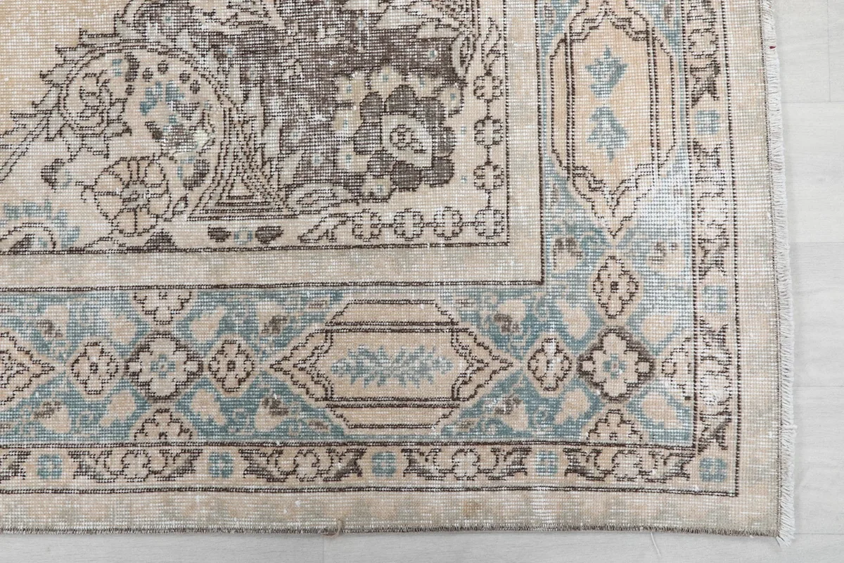 Close-up detail of the rug's intricate border with blue and beige patterns