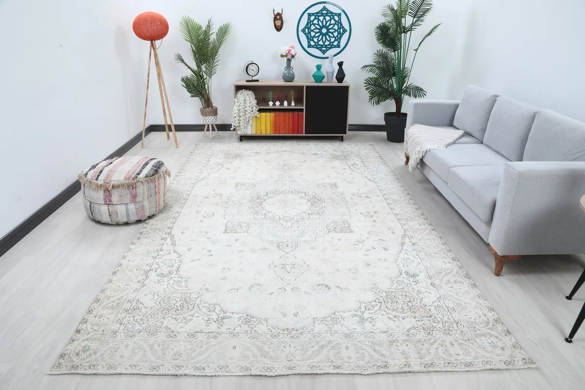 Large ivory gray rug displayed in a bright living room setting with a sofa