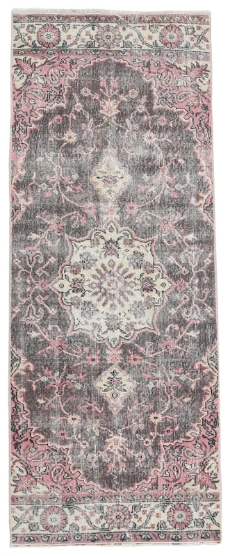 Full top view of the 2'6" x 6'7" charcoal and rose vintage Anatolian runner