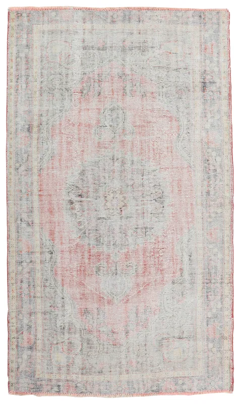 Full overhead view of the 6'8" x 9'6" vintage Anatolian rug with a faded rose and gray medallion.