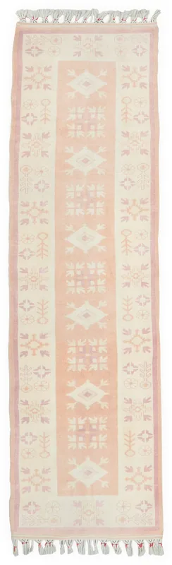 Full top view of a 2'9" x 10'8" rose and ivory geometric runner rug on a white background.