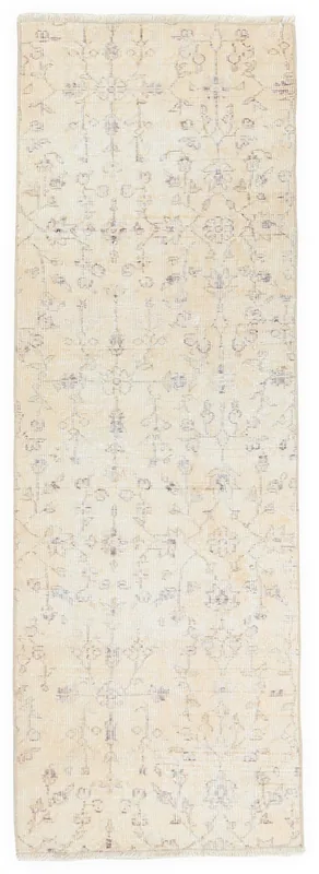 Full top view of the 2'6" x 10'2" vintage Anatolian runner with ivory field and rose and gray floral border.