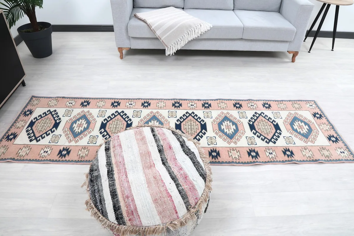 Full overhead shot of the runner rug in a room, showing its full design