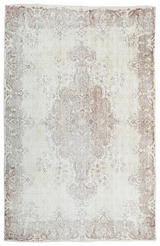 Full top view of the 6'11" x 9'0" ivory and rose vintage Anatolian rug