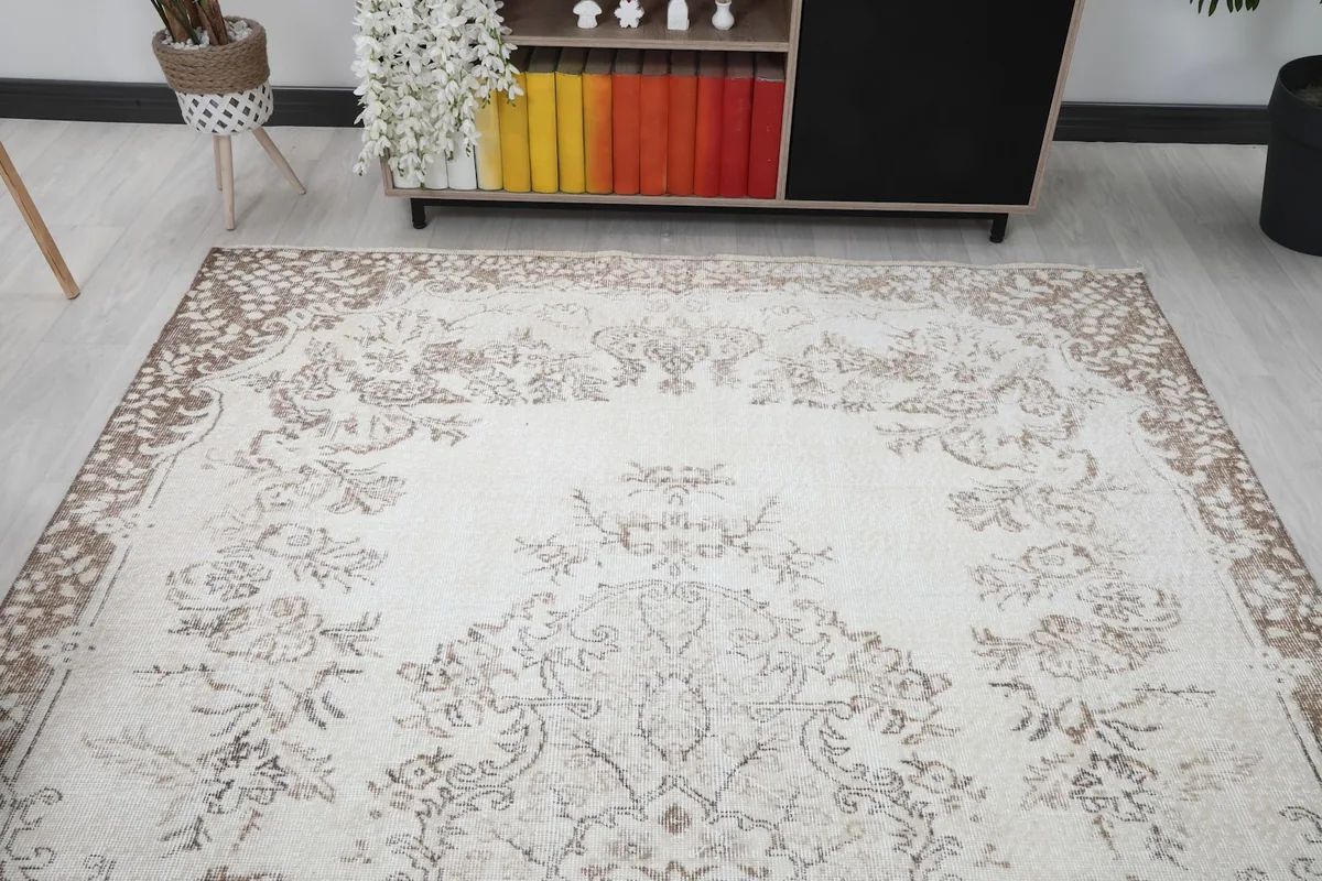 Overhead view showcasing the full pattern and colors of the ivory and beige rug