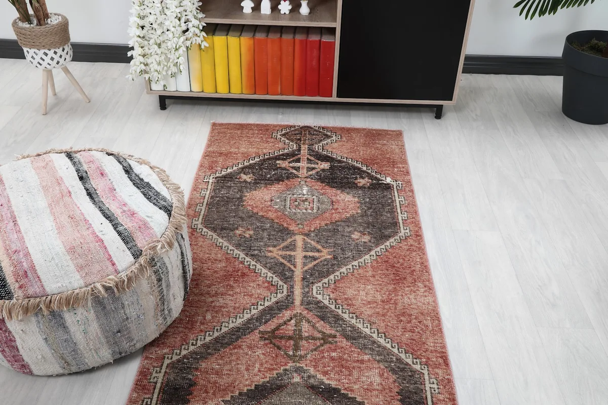 Overhead shot of the runner rug in a room, showing its length and design flow
