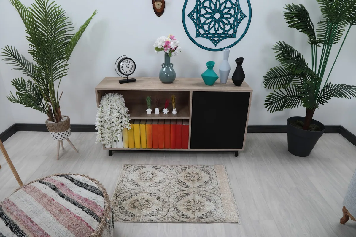 Ivory vintage rug displayed in a modern living space with plants and furniture