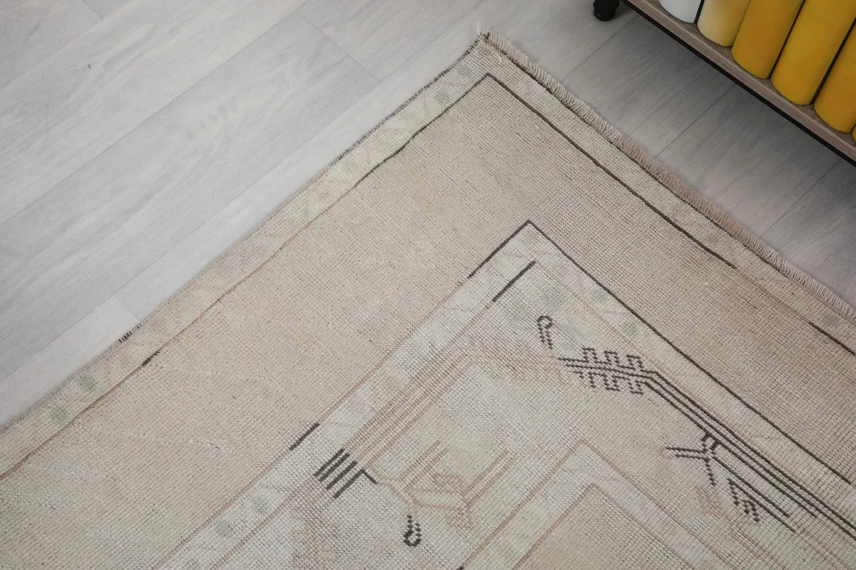 Detailed shot of a geometric motif and border design on the cream rug.