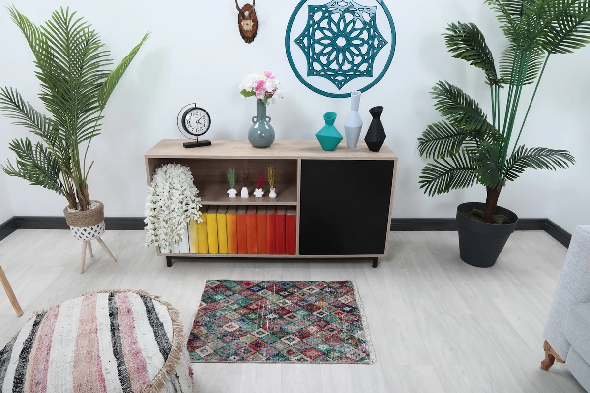 Multicolor geometric rug placed in a modern living space with plants and furniture
