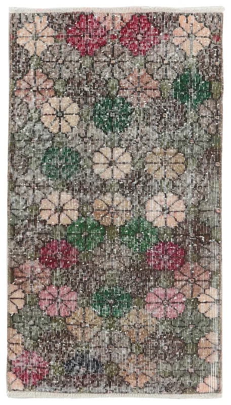 Top view of the 2x4 multicolor floral vintage Anatolian rug on a white background