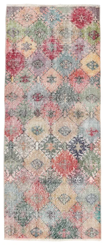 Full top view of the 2'7" x 6'7" multicolor vintage Anatolian patchwork geometric runner rug