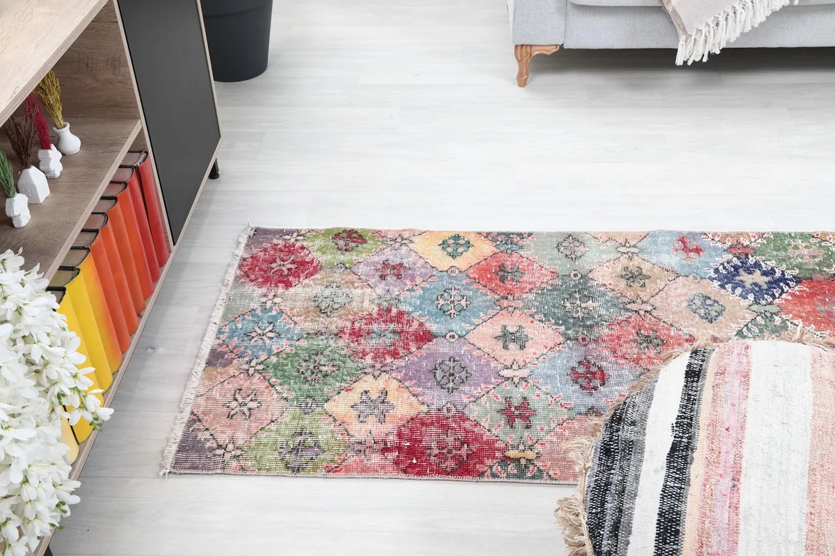 Elevated view of the runner rug placed in a room, showing its position relative to furniture