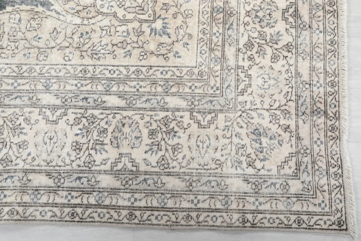 Detailed view of the intricate ivory and beige border pattern with floral motifs and subtle blue accents.