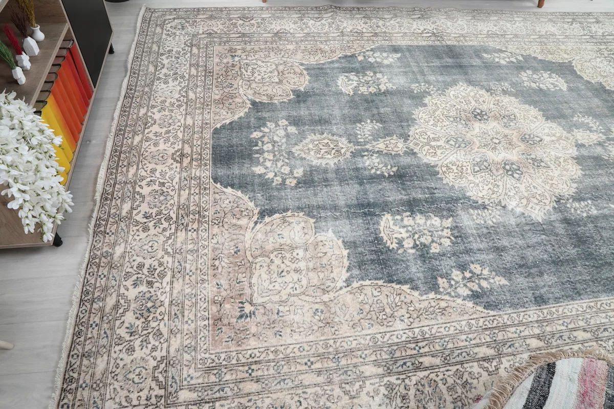Overhead perspective of the rug, capturing the full scope of its design and color distribution in a room.