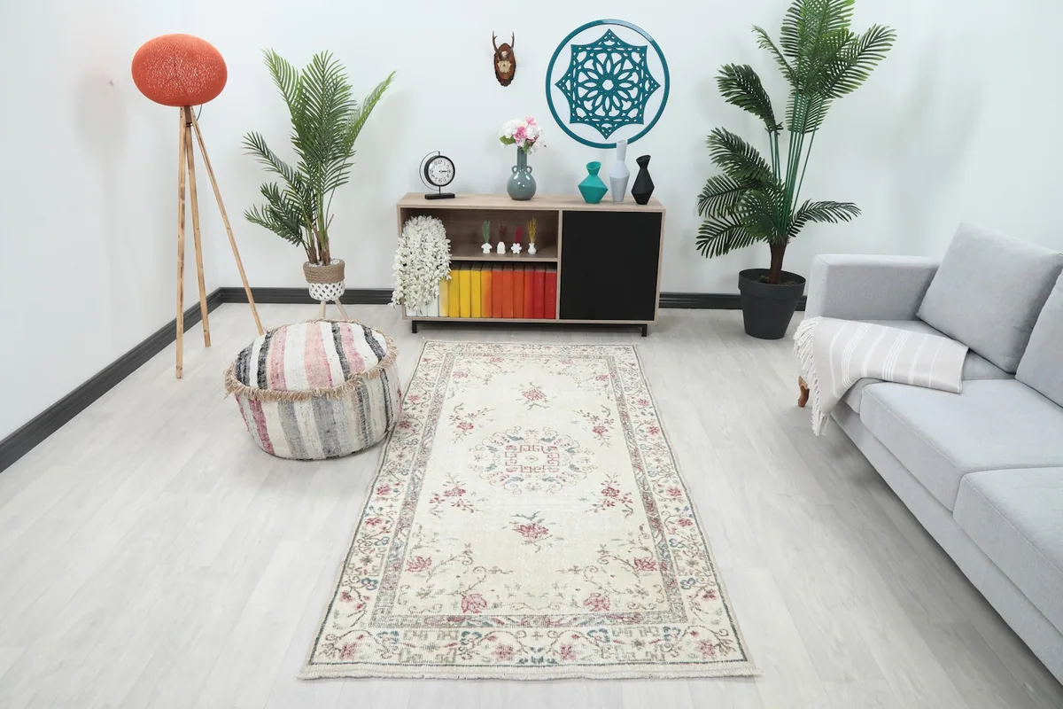Vintage Anatolian rug in a room setting with light flooring, a grey couch, and plants