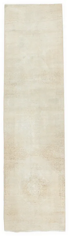 Beige Faded Geometric Anatolian Runner, full top view