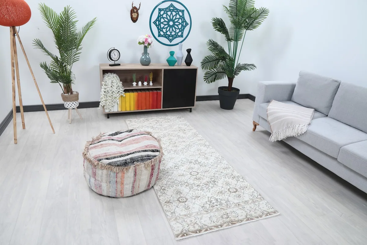 Overhead view of the runner rug in a room, highlighting its placement and the overall decor.
