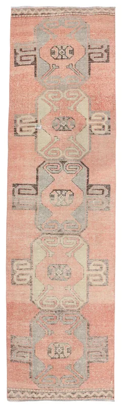 Full overhead view of the 2'10" x 10'7" rose geometric vintage runner rug