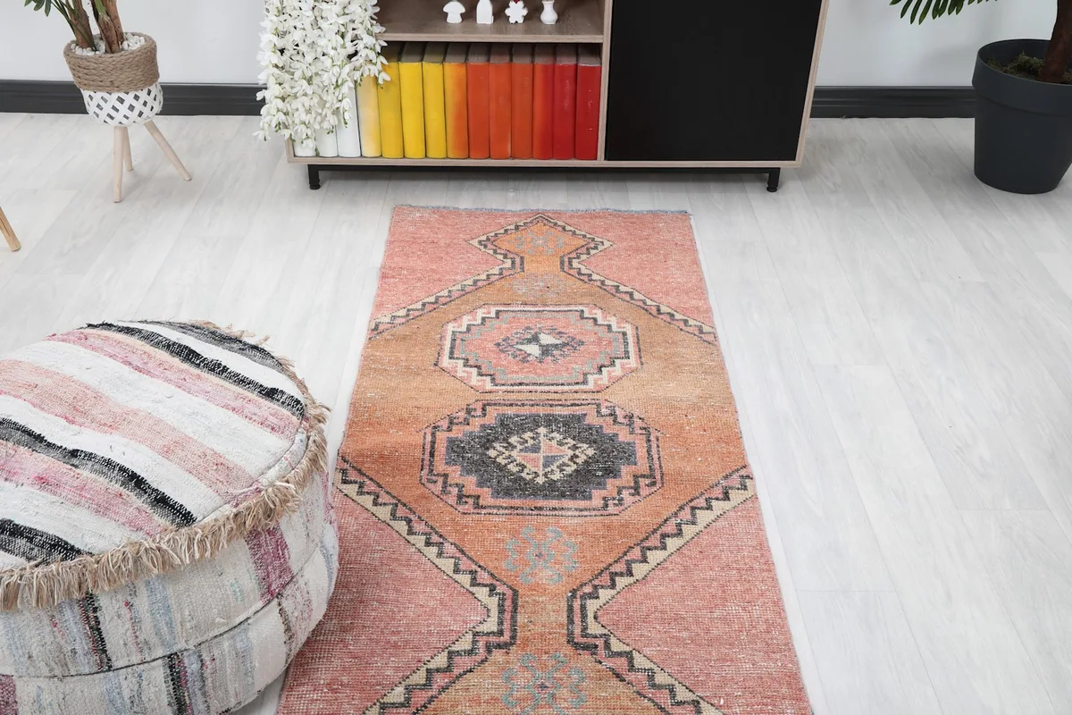 Runner rug viewed from above in a room setting, showing its placement and overall design