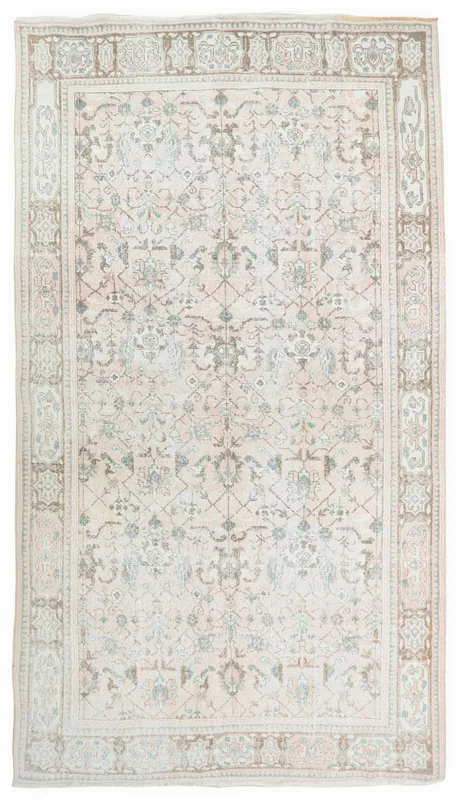 Full top view of the 6'2" x 9'7" vintage Anatolian rug with rose field and floral pattern