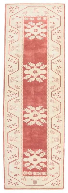 Full top view of the rose and ivory geometric Anatolian runner rug