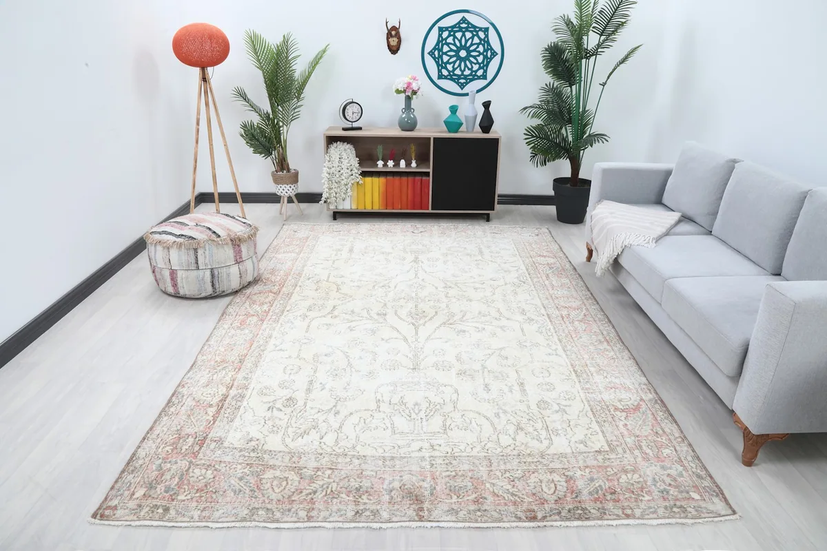 Ivory and rust vintage area rug displayed in a modern living room setting
