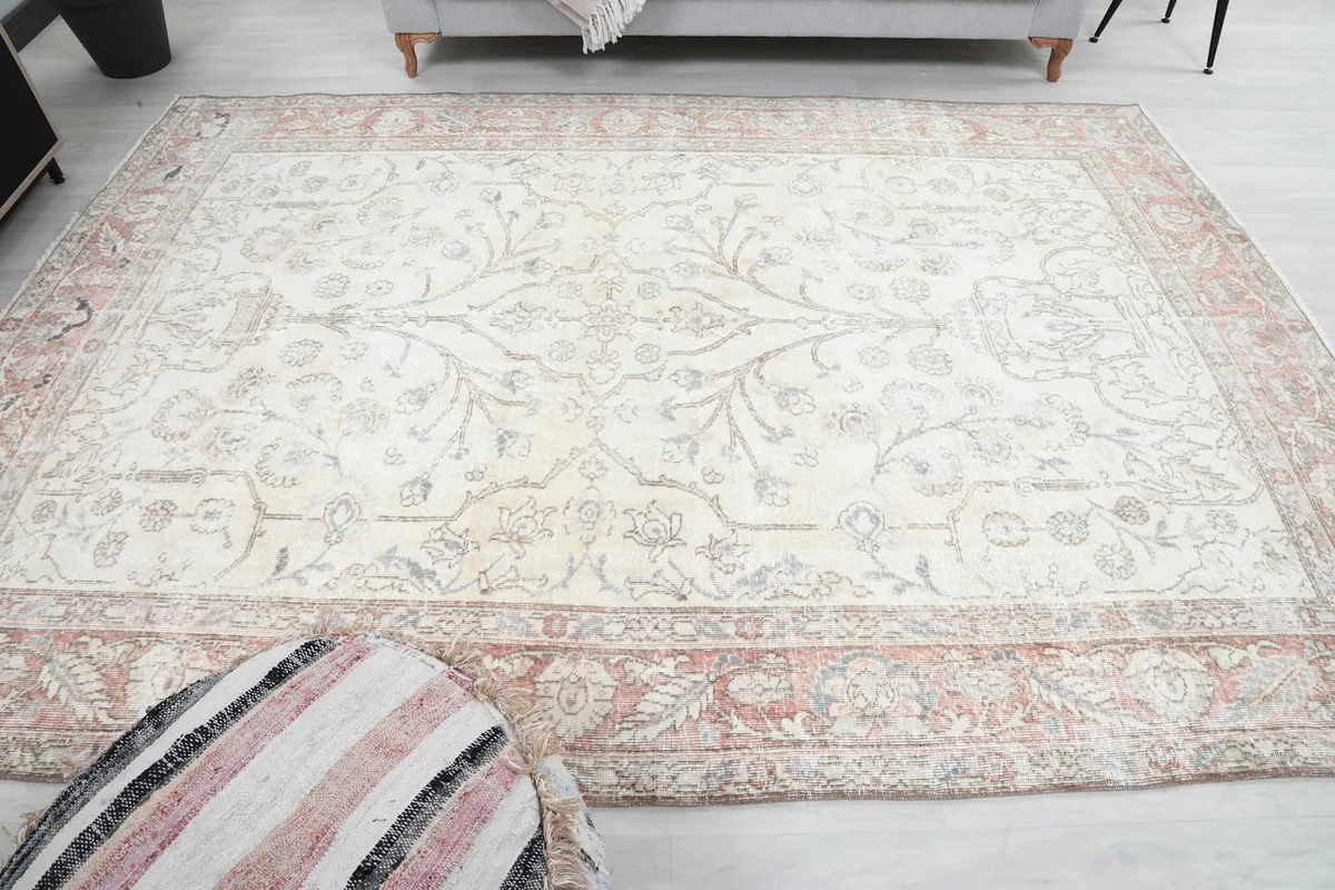 Overhead shot of the rug in a room, showcasing its rectangular shape and size