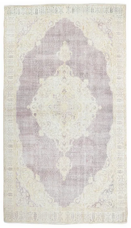Full overhead view of the 6'7" x 9'7" purple and cream vintage Anatolian rug