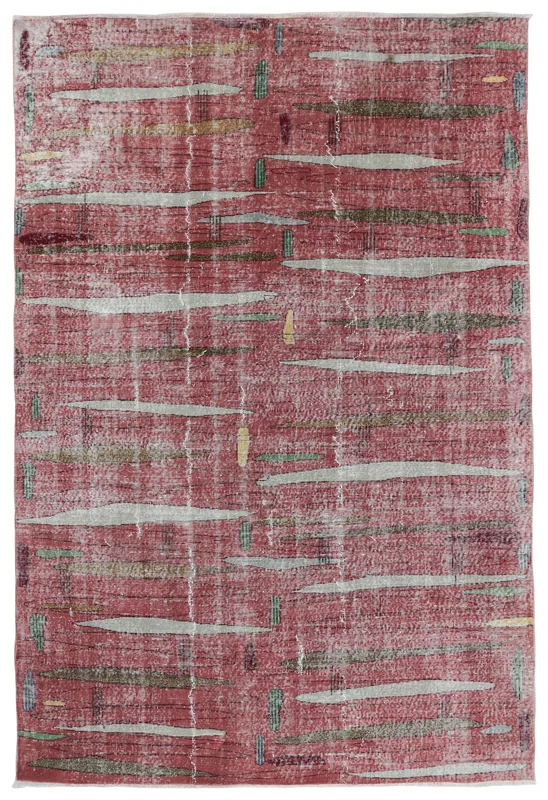 Full top view of the 6'6" x 9'8" rose abstract vintage Anatolian area rug on a white background.