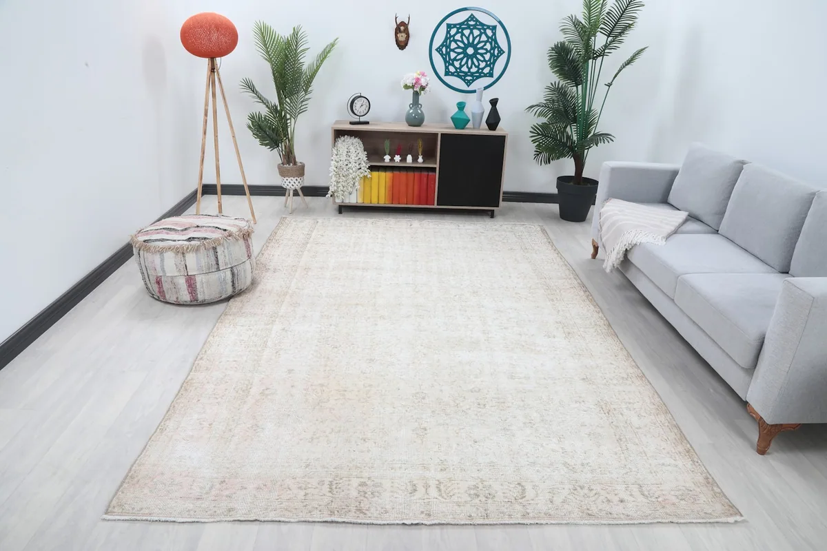 Vintage beige Anatolian rug displayed in a living room setting with a gray sofa and plants.
