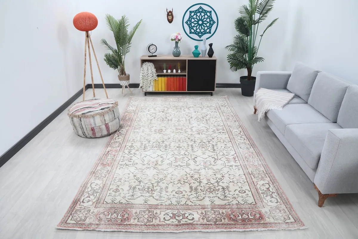 Vintage Anatolian rug displayed in a bright living room setting with a sofa and plants
