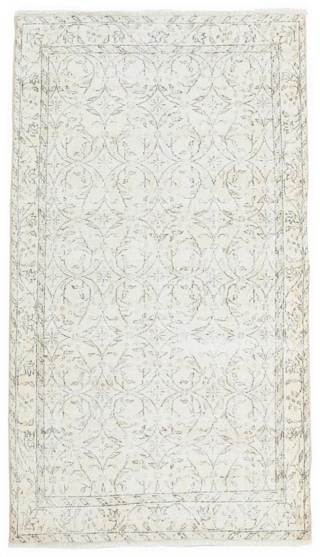 Full top view of the ivory and charcoal vintage Anatolian area rug