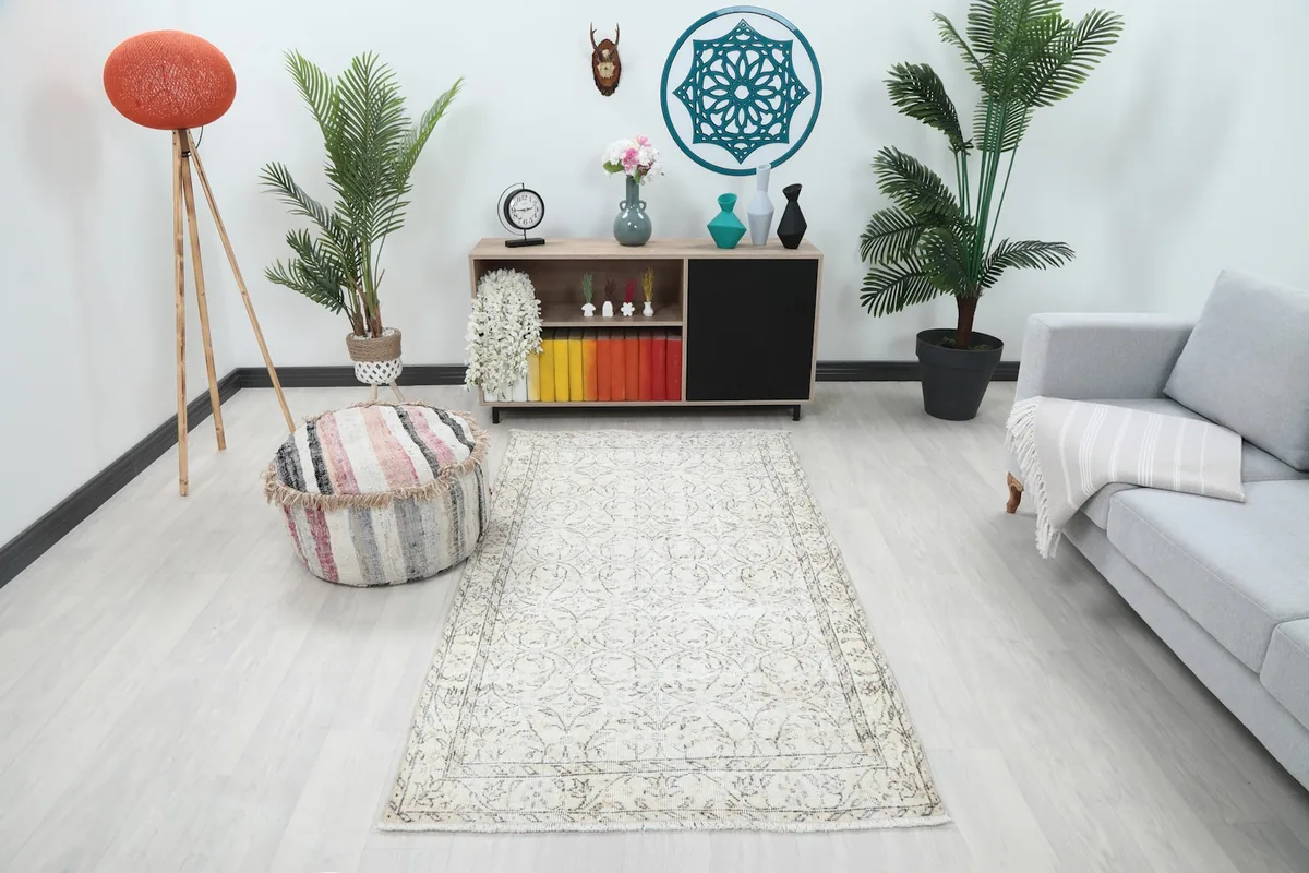 Ivory and charcoal rug displayed in a modern living room setting