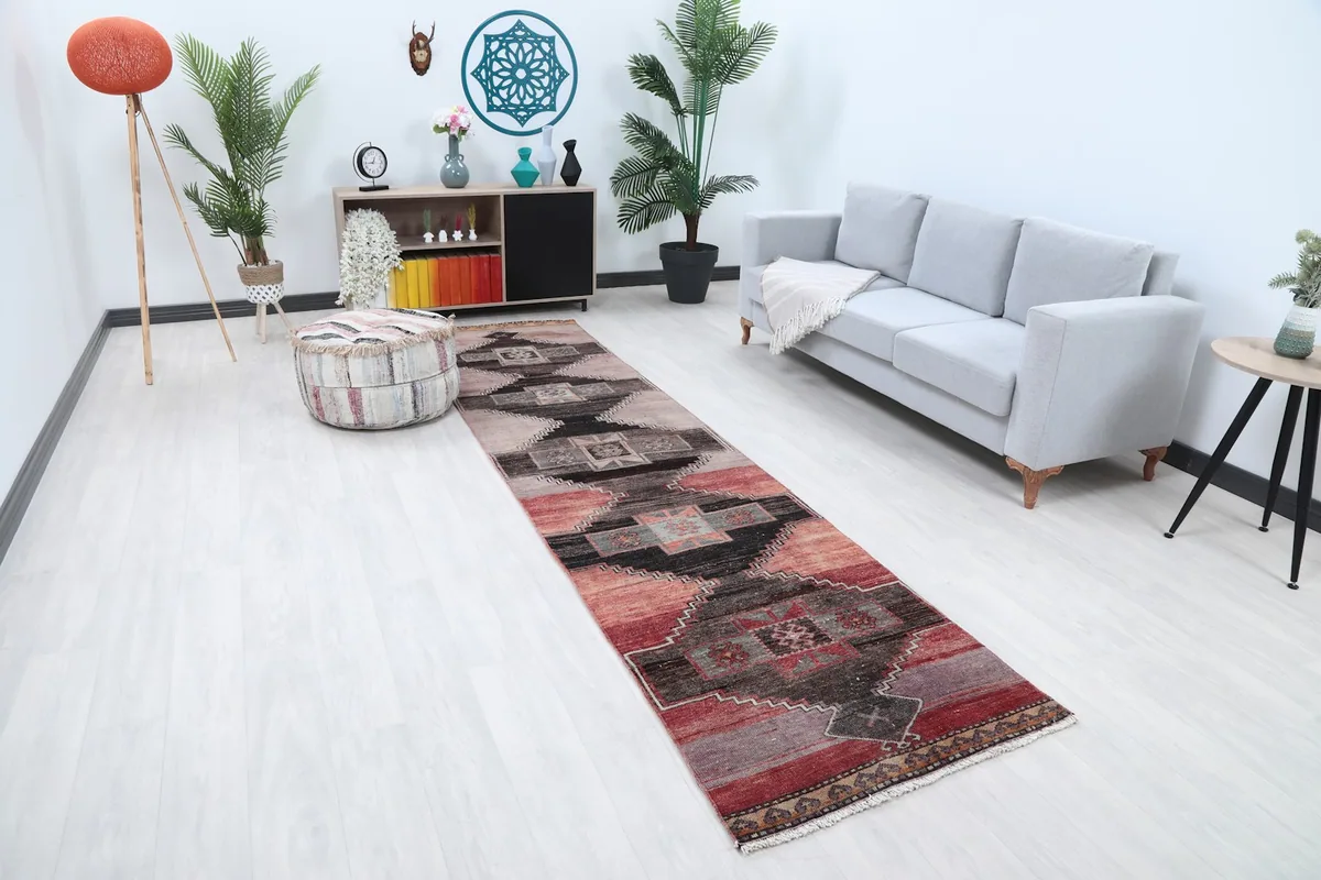 Angled room view of the runner rug, highlighting its length and how it complements the decor.