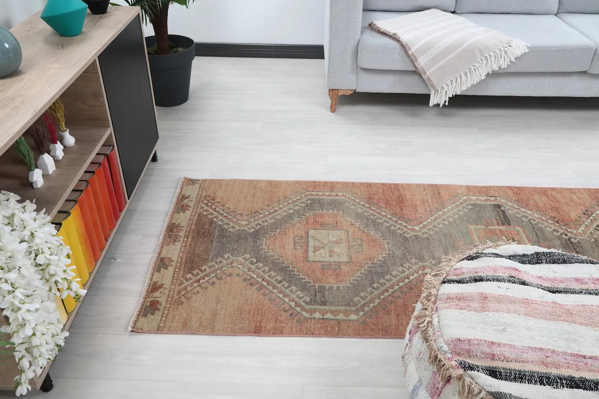 Angled view of the runner rug from above, showing its placement in a bright living area