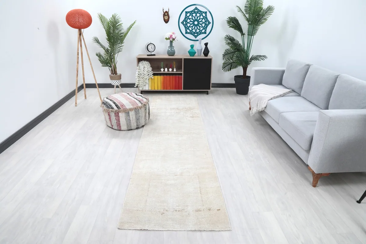 Long runner rug in a modern hallway setting with a light gray couch and colorful books