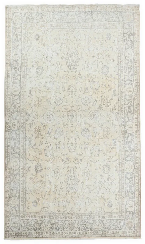 Full overhead view of the ivory and gray vintage Anatolian area rug
