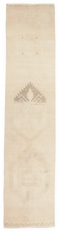 Full top view of the 2'11" x 13'4" vintage Anatolian runner with tan field and brown geometric motifs